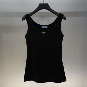 Prada Ribbed Knit Triangle Logo Slim Fit Sleeveless Vest
